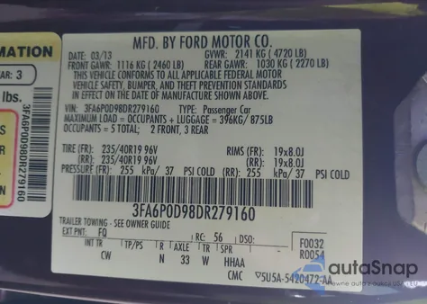 2013 Ford Fusion Titanium z USA, uszkodzony, nr VIN 3FA6P0D98DR279160